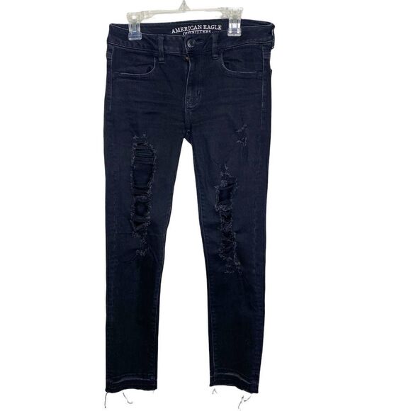 American Eagle Black Jegging Crop Distressed Ripped Black Denim Jeans Size 4 - Picture 1 of 7